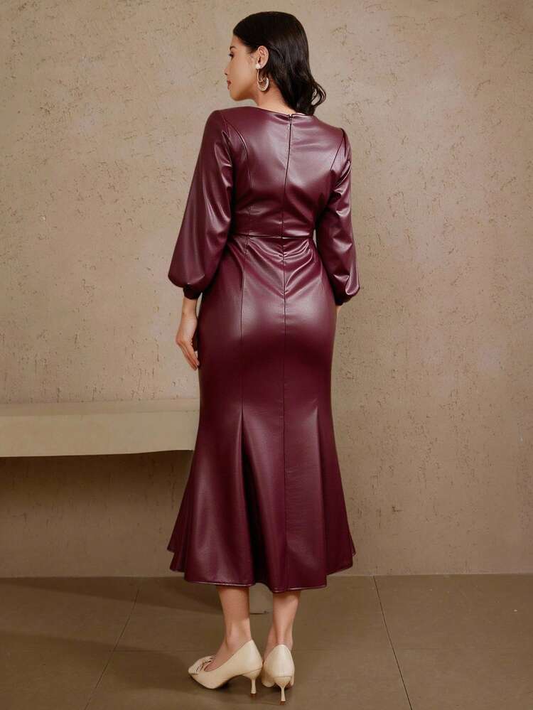 Women's Elegant PU Leather 3D Floral Decor Lantern Sleeve Fishtail Midi Dress, Autumn/Winter Christmas New Year