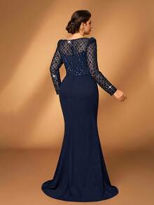 Serin Abito da sera elegante e romantico per taglie forti, con scollo asimmetrico, decorazione a nodo, maniche lunghe trasparenti, paillettes di lusso, patchwork, vita elastica arricciata, orlo a sirena, adatto per occasioni formali per mamme - Blu - Visualizzare 4