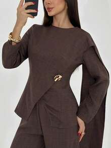 Aloruh Conjunto Elegante de 2 Peças Feminino com Top de Manga Longa e Calça com Bainha Dividida, Cor Sólida Marrom Chocolate, para Escritório e Outono - Castanho - Visão 4