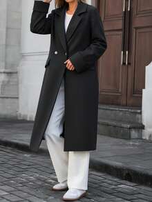 Women Folded Long Sleeve Maxi Long Casual Overcoat - Black - View 3