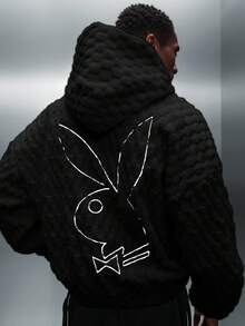 PLAYBOY X SUMWON Oversized Textured Plush Hoodie With Hexagon Pattern For Winter Comfort And Style - Black - View 7