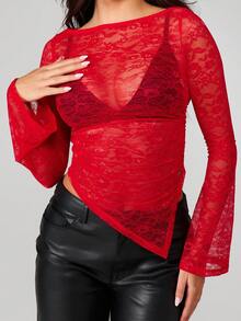 MISSGUIDED Áo ren dài tay thanh lịch với chi tiết nhún bèo, viền bất đối xứng - Đỏ - Xem 4