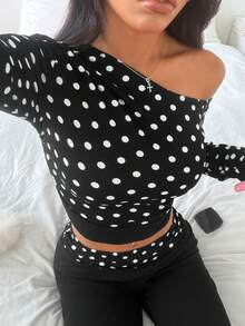 SHEIN EZwear 大码优雅通勤波点印花不对称领上衣和裤子两件套 - 黑色 - 查看 7