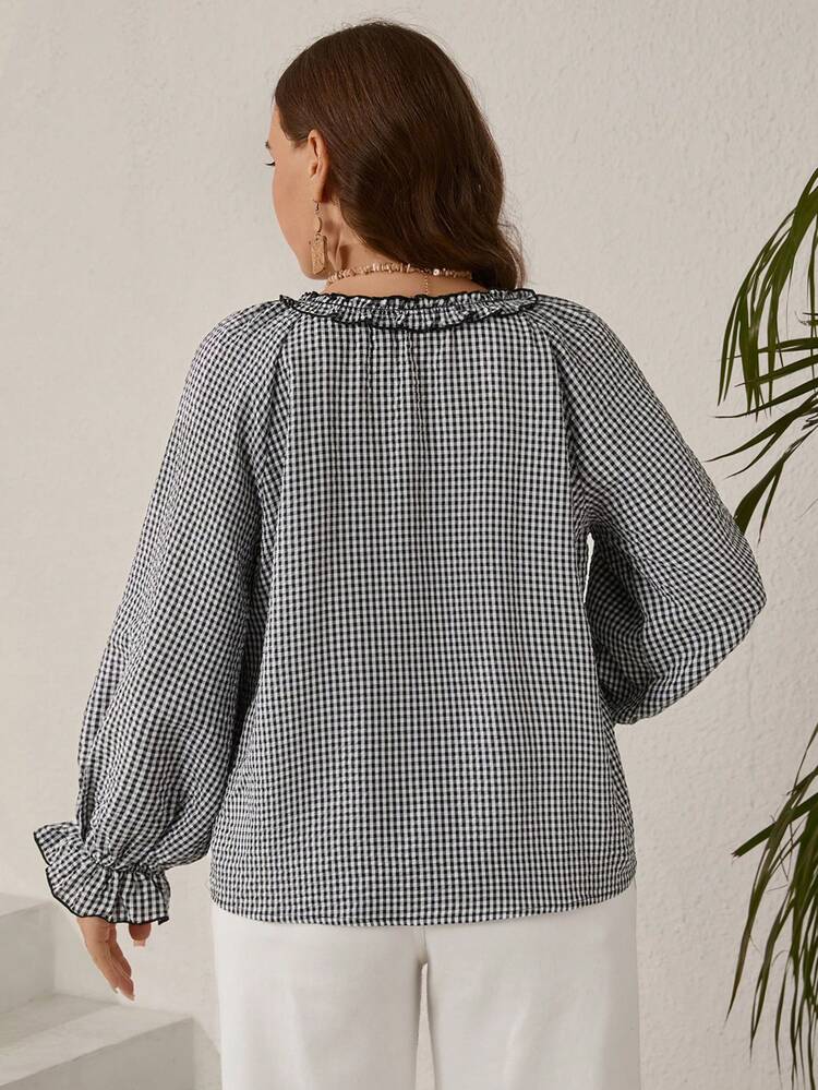 Blusa holgada de manga larga con cuello de volantes a cuadros para mujer de talla grande, para otoño/invierno, salir, nueva colección 2025, simple y de moda para uso diario, talla grande para invierno, Acción de Gracias para mujeres