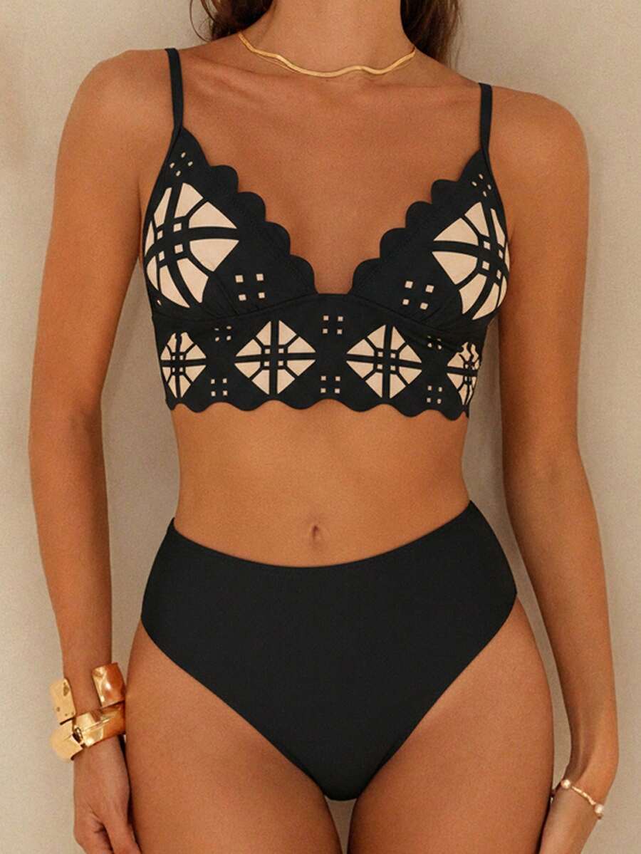 Swim Chiccia Ensemble tankini en dentelle florale élégante à découpe laser pour femmes - Noir - Voir 1