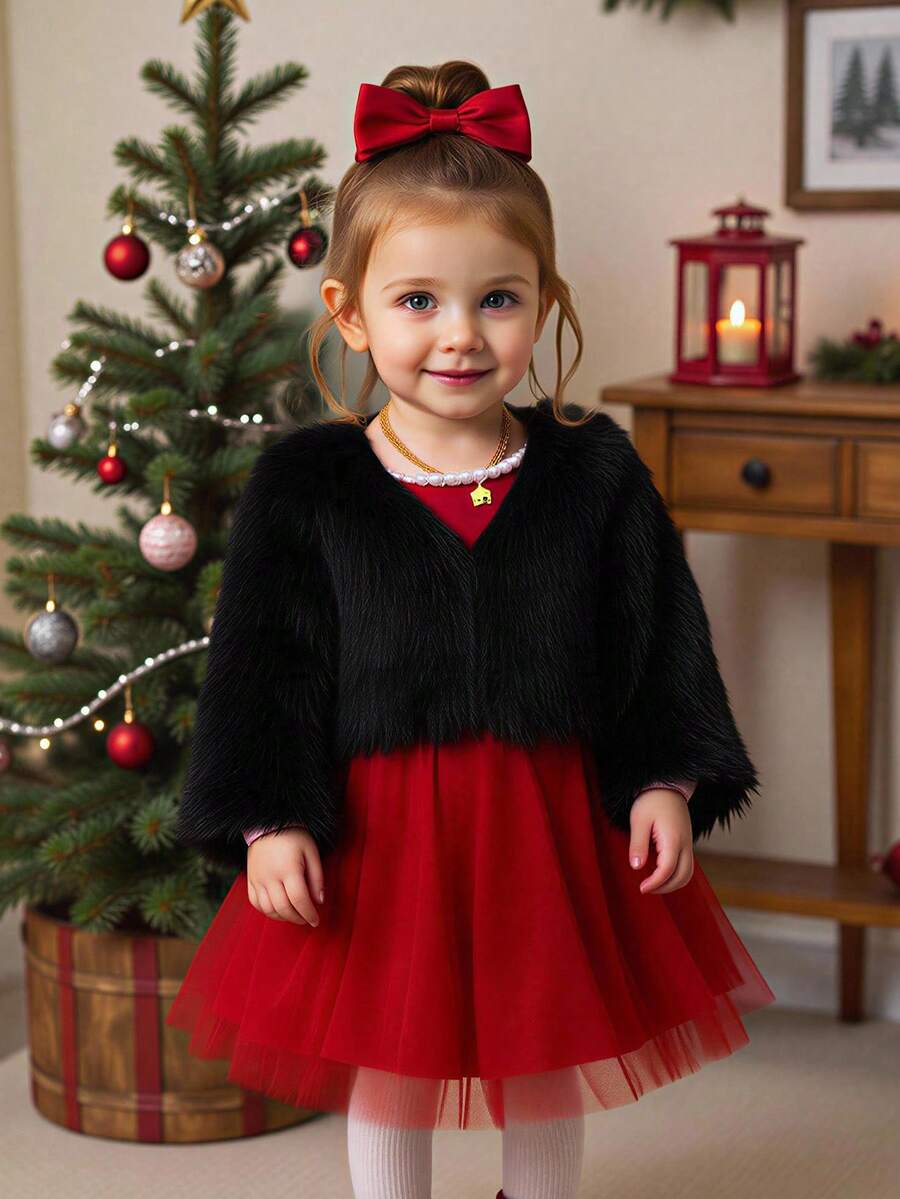 SHEIN Elladie kids 女宝宝简约纯色蓬松短外套,适合外出,秋冬 - 黑色 - 查看 1
