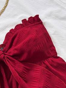 Soleia 女士条纹印花荷叶边下摆扭结前襟无袖露脐上衣和休闲短裤两件套，适合派对、海滩、海边穿着 - 紅色 - 查看 6