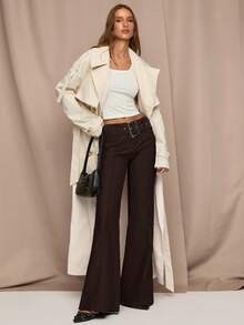 SHEIN BAE Women's Vintage Solid Color Low Waist Belted Flare Pants, Autumn,Fall,Fall Clothes For Women,Winter Clothes For Women - Coffee Brown - View 6