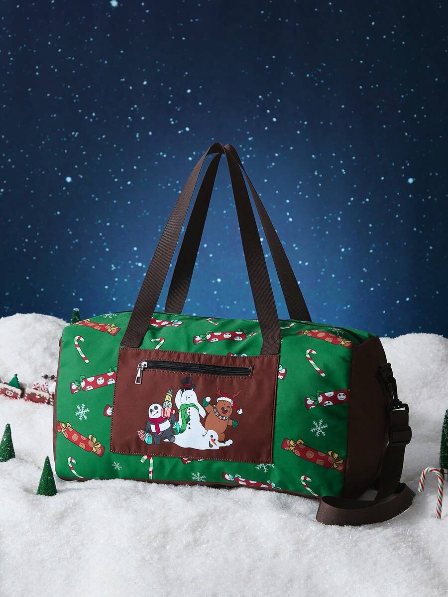 We Bare Bears X SHEIN 女士时尚卡通花朵、泡泡、毛茛图案旅行行李袋 - 綠色 - 查看 1