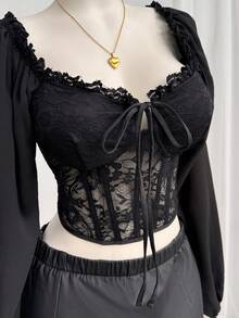 Comfortcana Plus Size Women Lantern Sleeve Lace Patchwork Square Collar Padded Blouse, Romantic For Dates And Parties, Autumn/Winter Black Babydoll Top