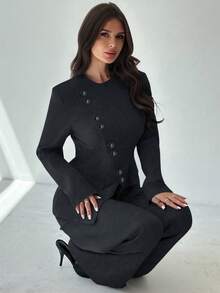 Firerie 女士优雅通勤日常百搭街头时尚新款不对称翻领纽扣腰长袖西装外套和高腰长裤卡其灰色两件套西装套装秋冬女装 - 藏蓝色 - 查看 3