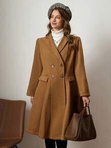 Zelara معطف صوفي مزدوج الصدر بياقة واسعة للمرأة ذات الحجم الكبير، خريف/شتاء - كاكي - مشاهدة 6