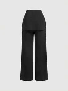 SHEIN MOD 女式二合一裤子，皮革扣饰，黑色直筒裤，返校季，黑色正装裤，秋季裤