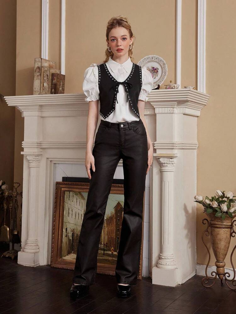 Studded Detail Tie Front Vest Black Jacket Without Blouse, Western Wear Women In Fall/Winter