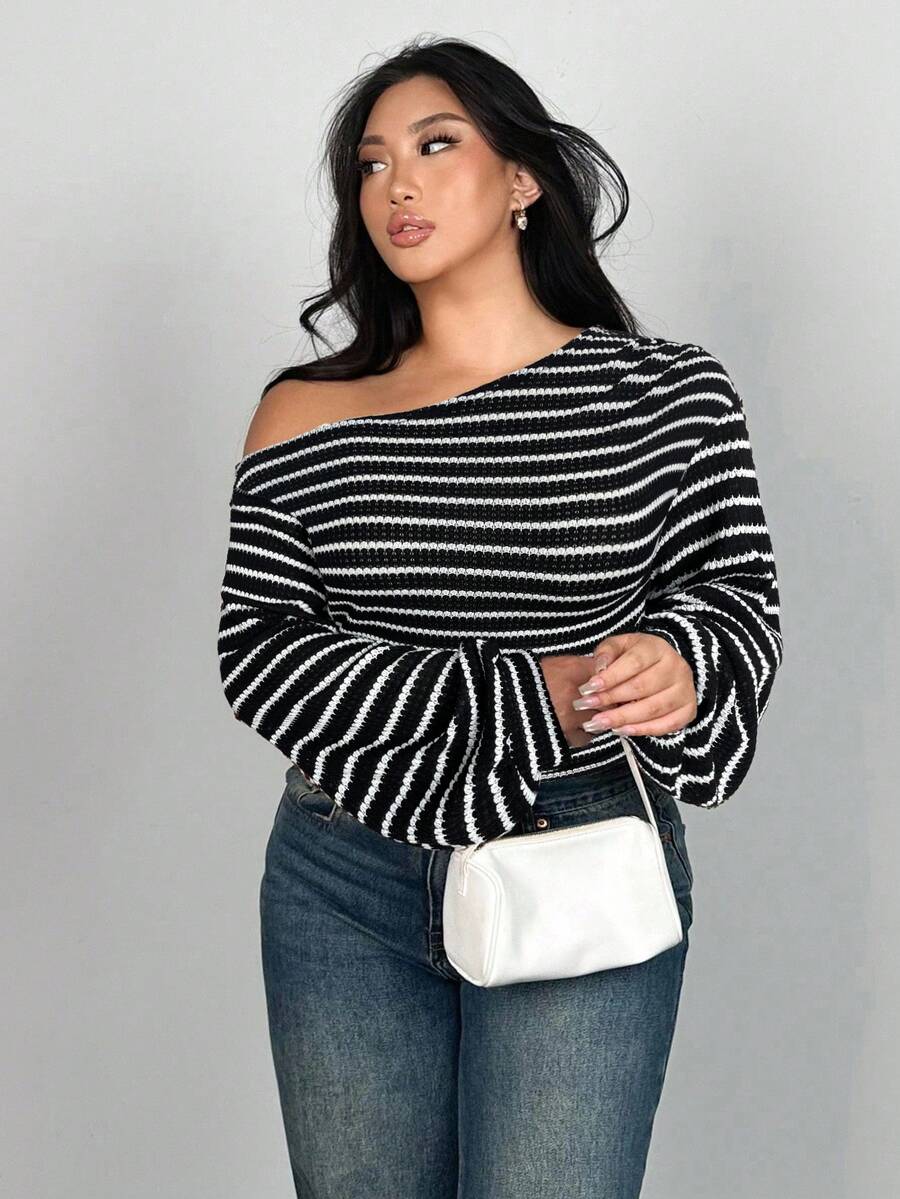 Firerie 大码斜肩长袖T恤，菠萝纹理长袖，不对称秋季女式上衣 - 黑色 - 查看 1