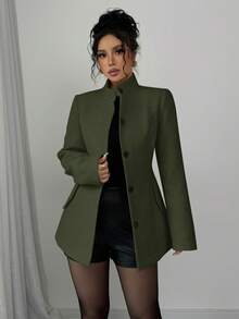 Selianne 女士优雅保暖立领长袖收腰开衫，秋冬款 - 軍綠色 - 查看 4
