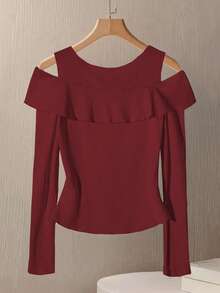 GlowEve Women's Elegant Off-Shoulder Button Decor Fitted Long Sleeve T-Shirt, Autumn - Rose Red - View 2