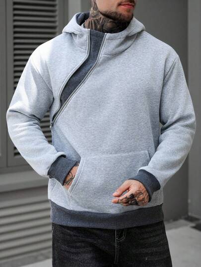 Manfinity CasualCool Men's Autumn/Winter Hooded Sweatshirt, Oblique Zipper 2 In 1 Design, Raised Collar, Solid Color Versatile Men Hoodies Casual Men Hoodies Pullovers Men Zipper Hoodies Daily Leisure, Weekend Trips, Outdoor Activities, Travel Expeditions, Relaxed Work Environments Or Semi-Formal Occasions,Boyfriend/Husband Gift, Anniversary Gift Christmas, Long Sleeve Top