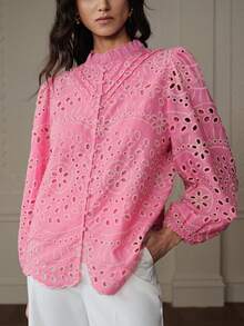 Aveloria Rosie Nueva blusa casual de estilo francés para otoño con bordado intrincado, diseño calado y detalle de volante plisado, de manga larga - Rosa - Ver 2