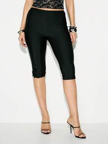 KIZN 女士高光泽七分紧身裤，中筒长度，弹力亮面黑色运动紧身裤 - 黑色 - 查看 4