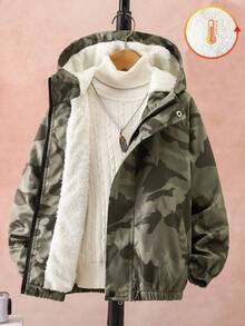 Vacaura 1pc Teenage Boys' Military Green Camouflage Hooded Fleece Jacket, Suitable For Autumn/Winter Outdoor Activities