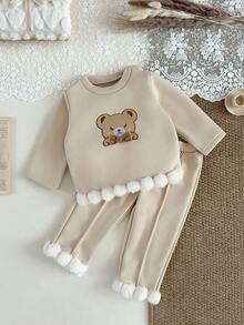 SHEIN 2 件套女婴秋冬装套装，返校，3 个月 - 3 岁，杏色休闲可爱熊刺绣 3D 装饰蝴蝶结拼接蓬松圆领长袖上衣和松紧腰运动裤，柔软时尚，适合外出和居家，可作为礼物 - 彩色 - 查看 4