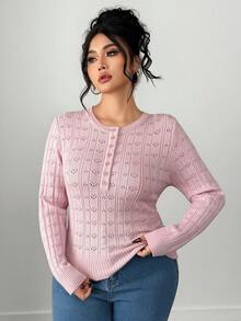 Dazy Plus Valentine Elastic Fitted Jacquard Half-Placket Pink Pullover Sweater, Spring/Autumn - Pink - View 3