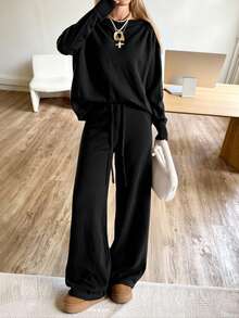 SHEIN EZwear 大码舒适黑色针织家居服套装 - 黑色 - 查看 4
