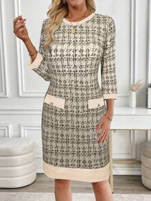EMERY ROSE Plus Size Elegant Contrast Trim Round Neck 3/4 Sleeve Dress, Autumn - Apricot - View 3