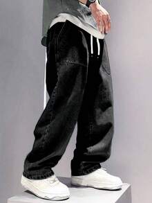 Jeans vaqueros vintage de tiro holgado y cómodos con cintura elástica, de un lavado azul profundo y corte cónico, para adolescentes - Negro - Ver 4