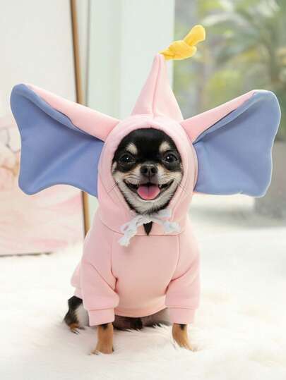 PETSIN 1pc Pink Elephant Ears Velvet Pet Hat Hoodie Autumn/Winter Thick Drawstring Pet Warm And Windproof Pet Clothes