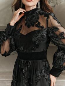 Anewsta 优雅女士长裙，黑色网纱拼接，腰部饰以刺绣，适合宴会、派对等场合，秋冬季穿着。 - 黑色 - 查看 2