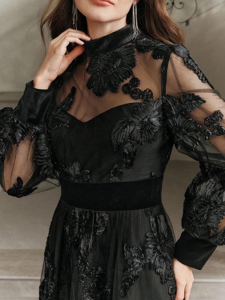 Vestido Longo Elegante Feminino com Tule Preto e Cintura Bordada, Adequado para Banquetes e Festas, Outono/Inverno