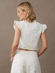 WESTFADE 圆领纽扣前襟荷叶边袖100%纯棉牛仔波点外套，可爱秋季上衣，适合秋季、冬季、圣诞节、节日、新年、新年、波西米亚风、休闲场合。 - 彩色 - 查看 2