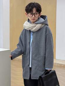 DAZY Tween Boy Solid Color Drop Shoulder Long Sleeve Single-Breasted Casual Loose Hooded Overcoat, Autumn/Winter - Grey - View 9