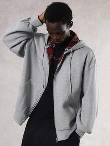 DAZY Men's Grey Hoodie With Red Plaid Lining, Thermal Lined For Autumn/Winter - Grey - View 3