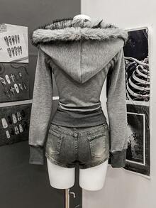 StreetHx 女士街头风保暖连帽拉链卫衣，长袖，秋冬款 - 灰色 - 查看 2