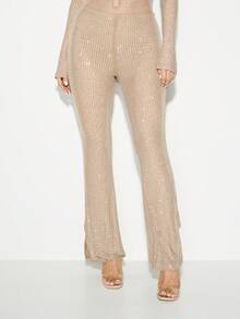 KIZN Hotfix Rhinestone Embellished Skinny High Rise Split Hem Flare Trousers Party Evening Formal Pants - Apricot - View 1