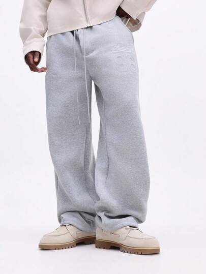  Pantalones de chándal holgados y de pierna ancha SUMWON con estampado de número en relieve, cordón ajustable, ajuste suelto, de felpa gris jaspeada, cómodos y de estilo urbano, lisos