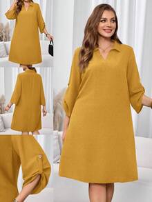 EMERY ROSE Plus Size Solid Color Turndown Collar Casual Versatile 3/4 Sleeve Dress - Yellow - View 1