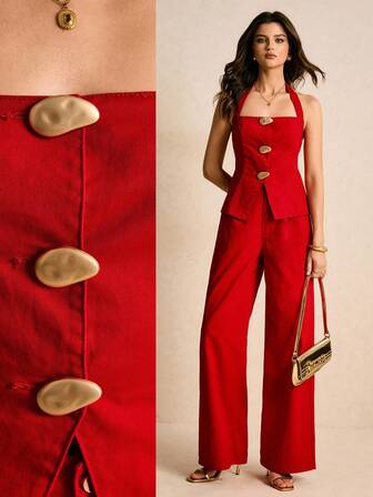 Poéselle Conjunto de moda de mujer con top halter de metal de una hilera y pantalones vaqueros de pierna ancha, conjunto de dos piezas rojo para fiestas, citas, uso diario, trabajo, Año Nuevo, Navidad, otoño/invierno.