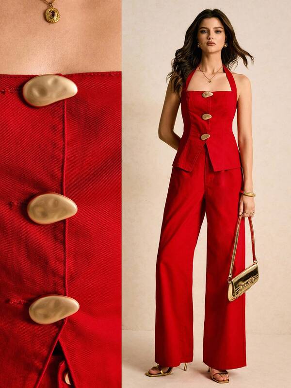 Poéselle Women's Metal Single-Breasted Halter Top And Wide-Leg Jeans Fashion Suit Red Outfit For Women Red Outfit Red Rompers For Women Womens Jumpsuits Red Jumpsuits For Woman Halter-Neck Long-Sleeved Denim Two-Piece Set, Red For Parties, Dates, Everyday Wear, Work, New Year's, Christmas, Autumn/Winter.