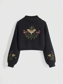 ROMWE Goth Suéter holgado con bordado de seta y mangas farol - Negro - Ver 1