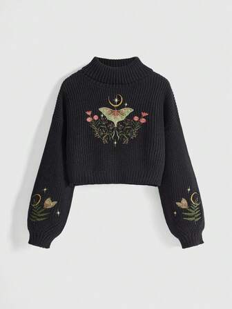 Goth Suéter holgado con bordado de seta y mangas farol