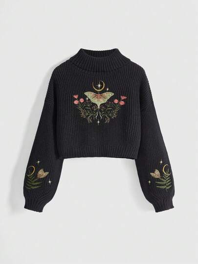 Goth Suéter holgado con bordado de seta y mangas farol