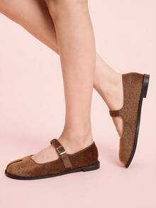 CUCCOO DOLLMOD Women's Flat Brown Fuzzy Round Toe Tabi Split-Toe Mary Jane Loafers, Campus Style For Christmas Valentine's Day - Brown - View 5