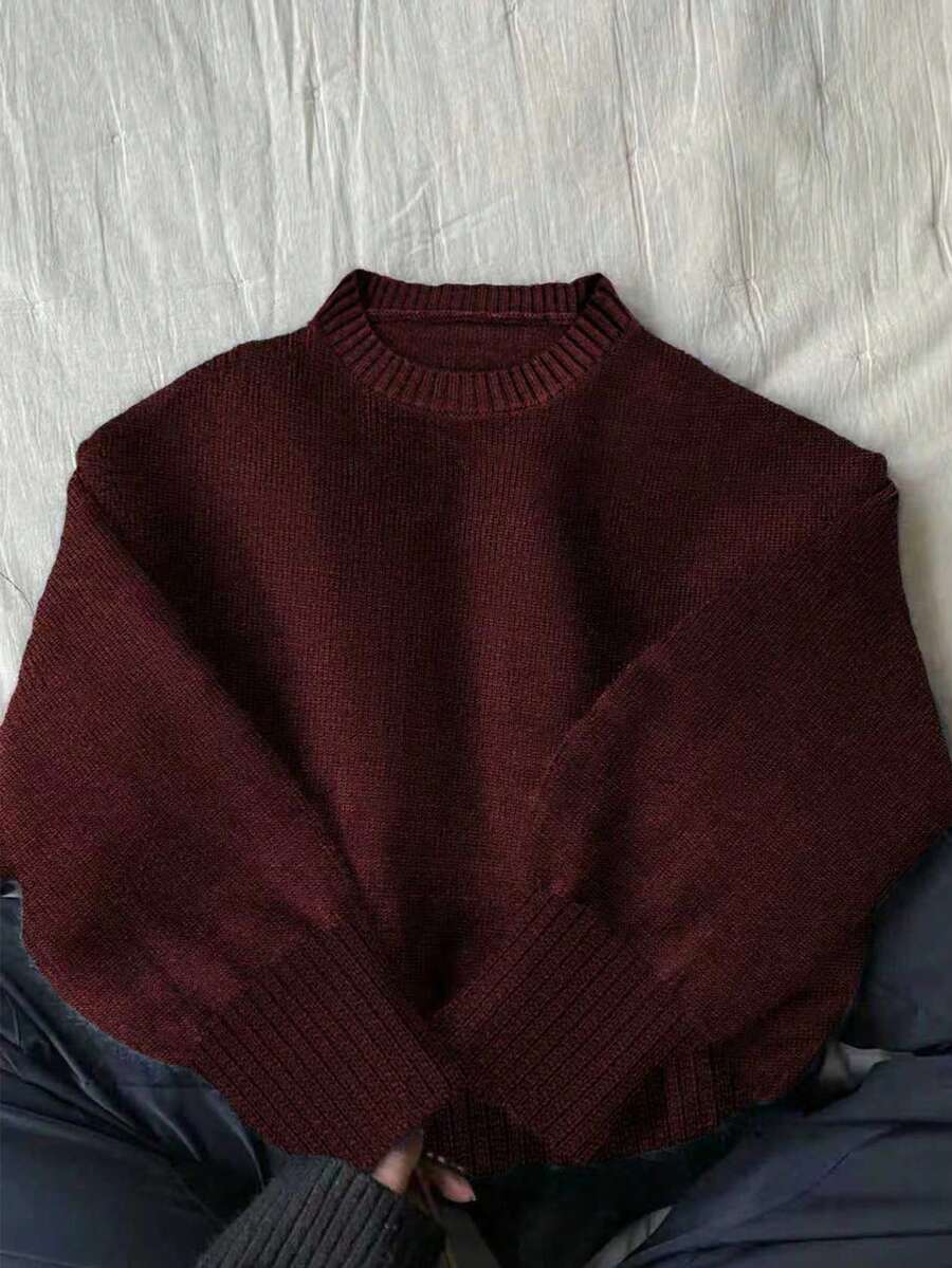 EMERY ROSE Women's Solid Color Long Sleeve Casual Cropped Stand Collar Sweater, Autumn/Winter - Burgundy - View 1