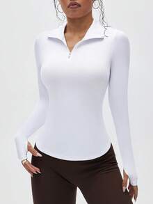 Gameset SHEIN Sport 女式基本款拉链领长袖 Polo 衫，弧形下摆，适合瑜伽、健身、户外活动 - 白色 - 查看 3