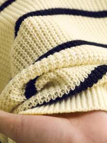 CosyJoli 大码女式V领长袖条纹套头毛衣，日常穿着，后背蝴蝶结系带设计，休闲时尚 - 杏色 - 查看 7