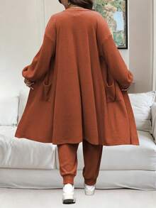 Vionelle 大码女式纯色落肩长袖外套和腰带连体裤休闲两件套 - 橘色 - 查看 2